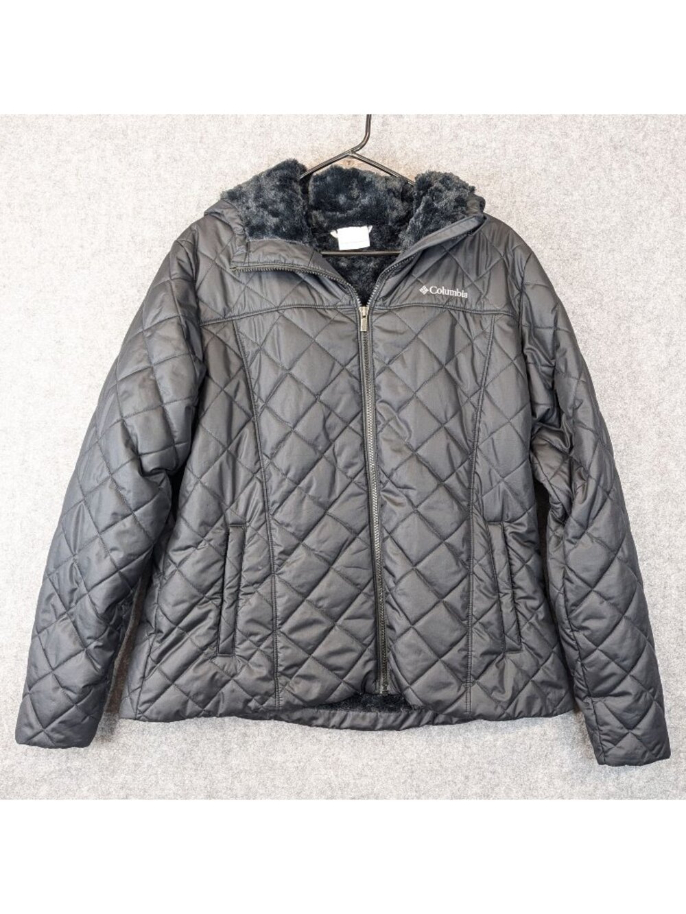 Columbia Womens Sz XL Quilted Hooded Copper Crest Jacket Black Fleece Lined Coat